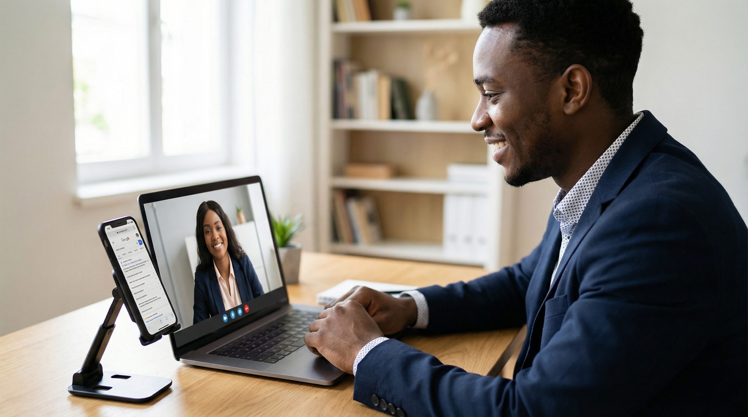A person is shown during a virtual interview setting, with subtle elements suggesting potential AI assistance.