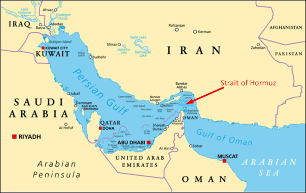 Map image of the Strait of Hormuz, a critical maritime trade route