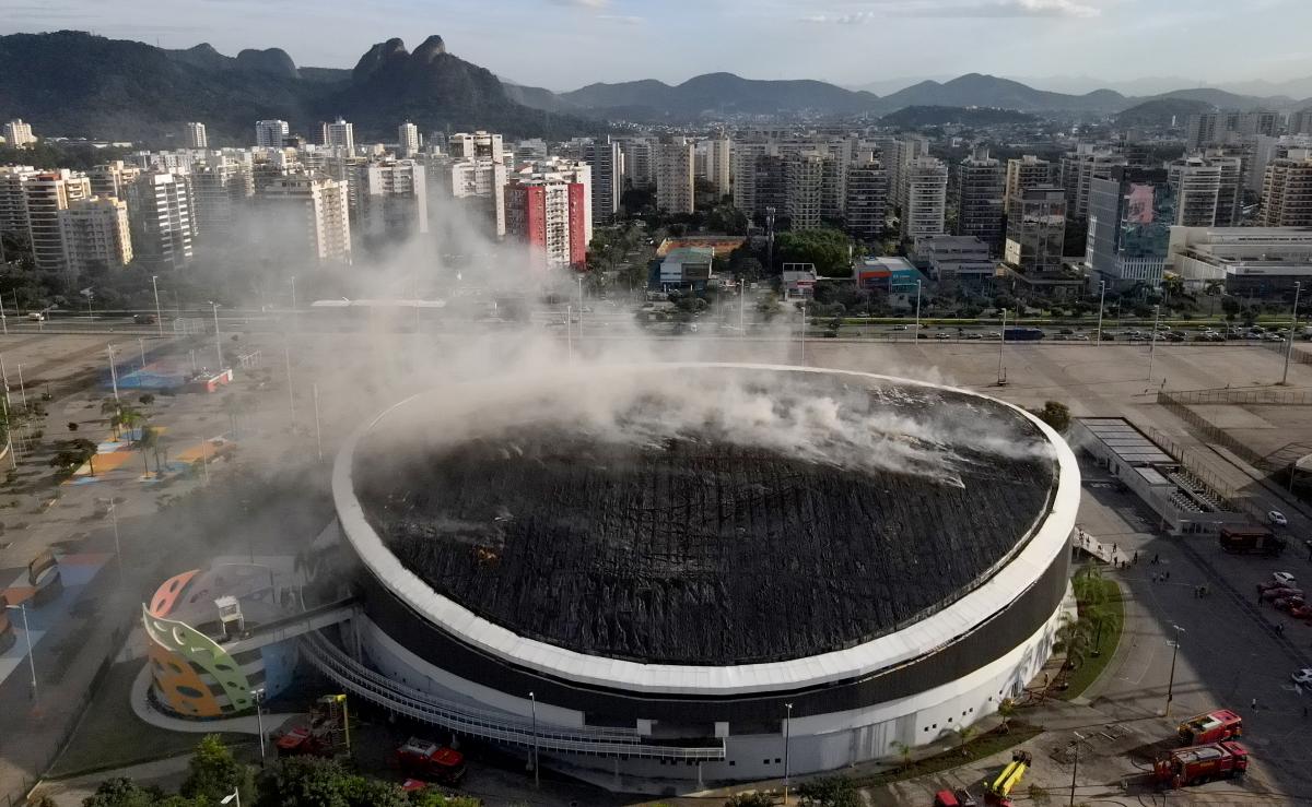 Aerial view of Rio de Janeiro Olympic Park during the fire.