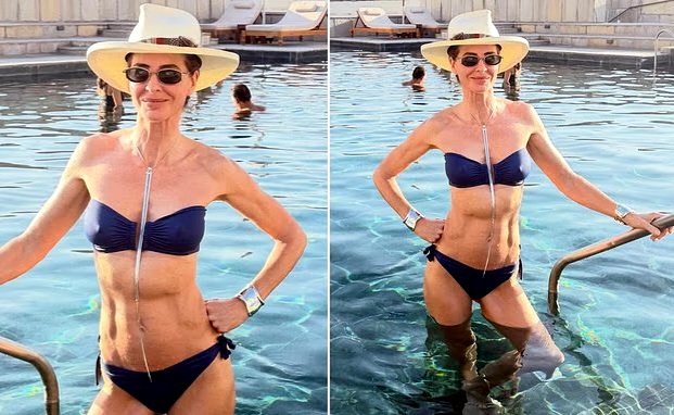 Trinny Woodall showcasing her toned abs in a strapless bikini during her holiday in India