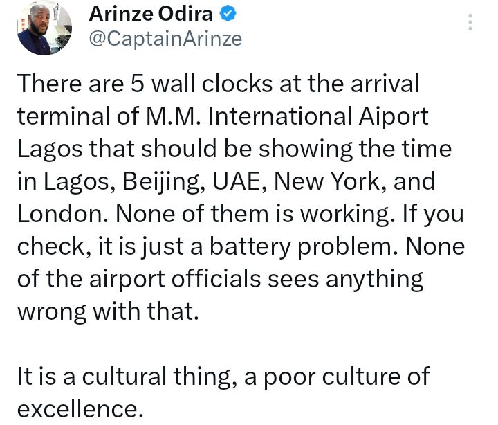 A view of the non-functional wall clocks at Lagos Airport