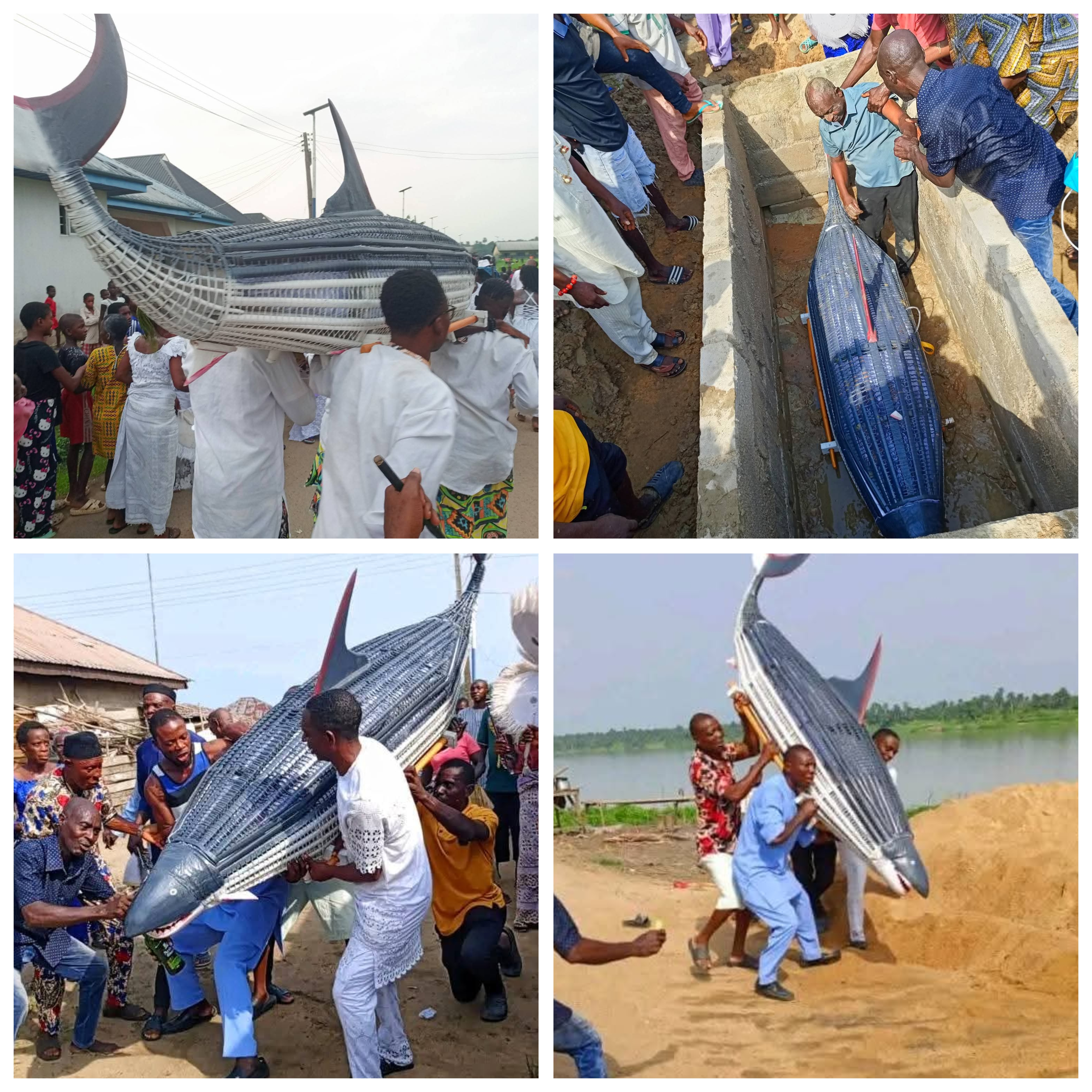 Dolphin-shaped casket used for the burial of the 120-year-old fisherwoman