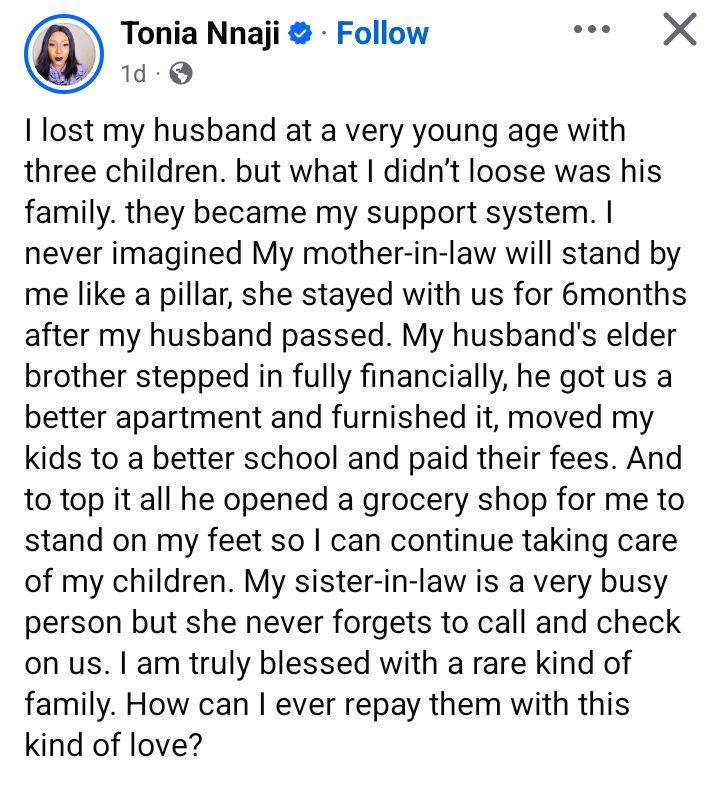 Nigerian widow Tonia Nnaji shares her appreciation for her supportive in-laws.