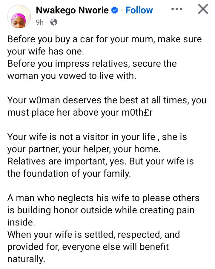 Nigerian lady shares advice on prioritizing wives over mothers