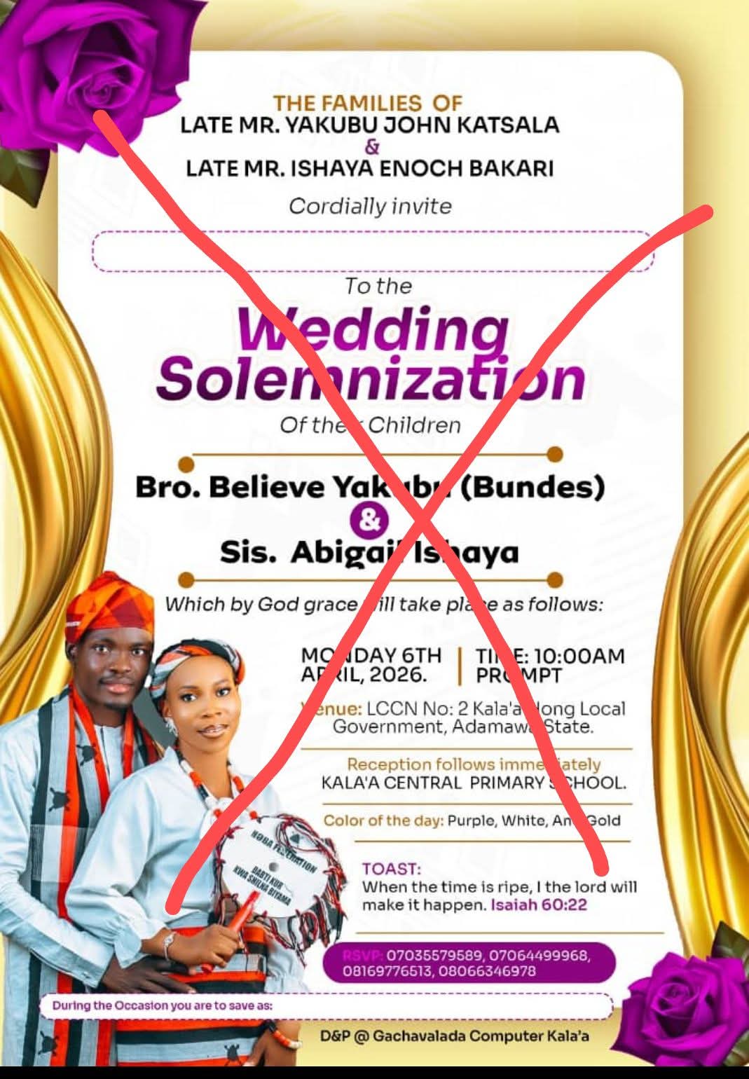 Public statement by Abigail Ishaya's brother regarding the wedding