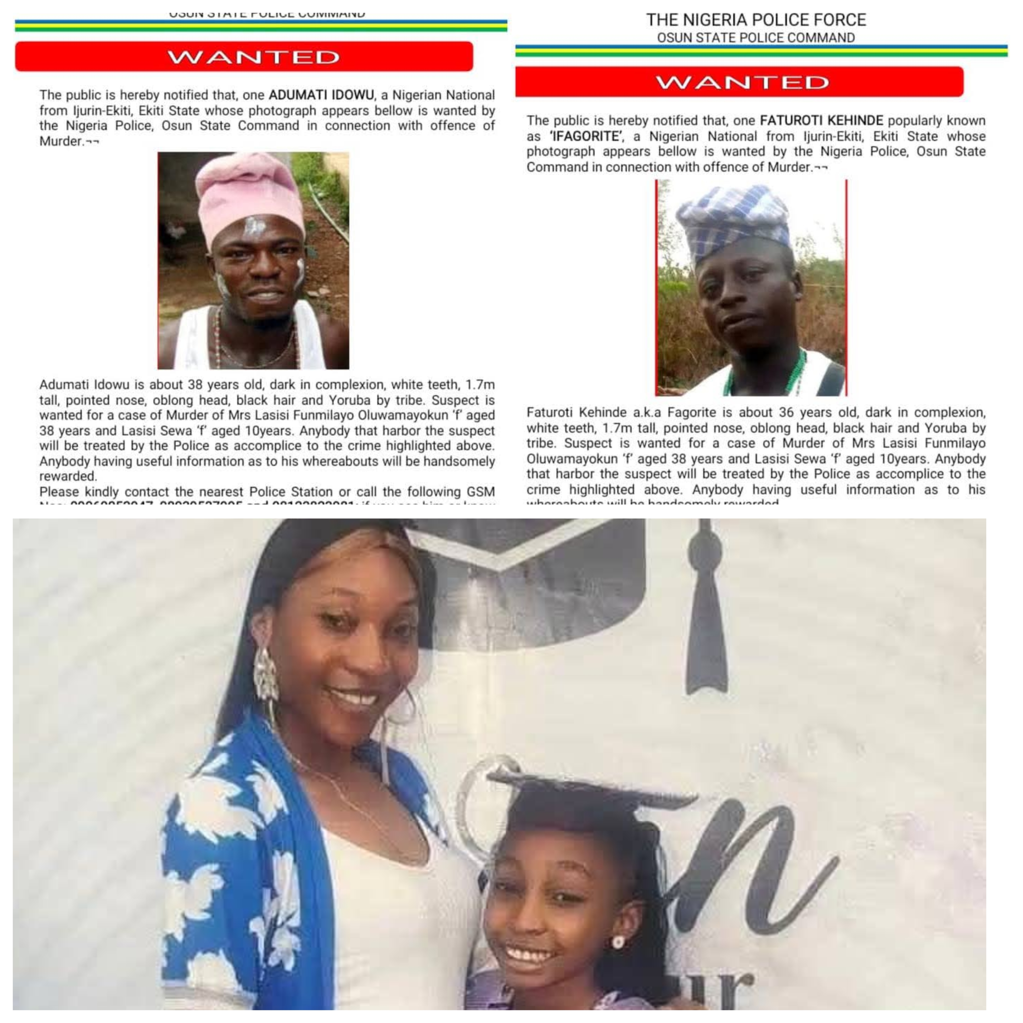 Police seek two suspects in the murder case of a FRSC officer and her daughter.