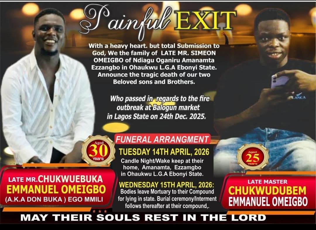 Burial poster for the Omeigbo brothers who died in a fire incident