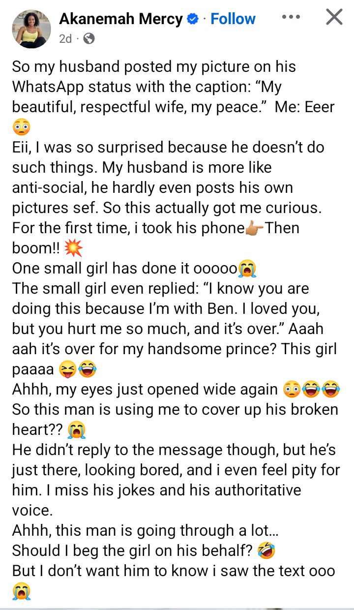 Akanemah Mercy expresses her surprise at her husband's WhatsApp post.