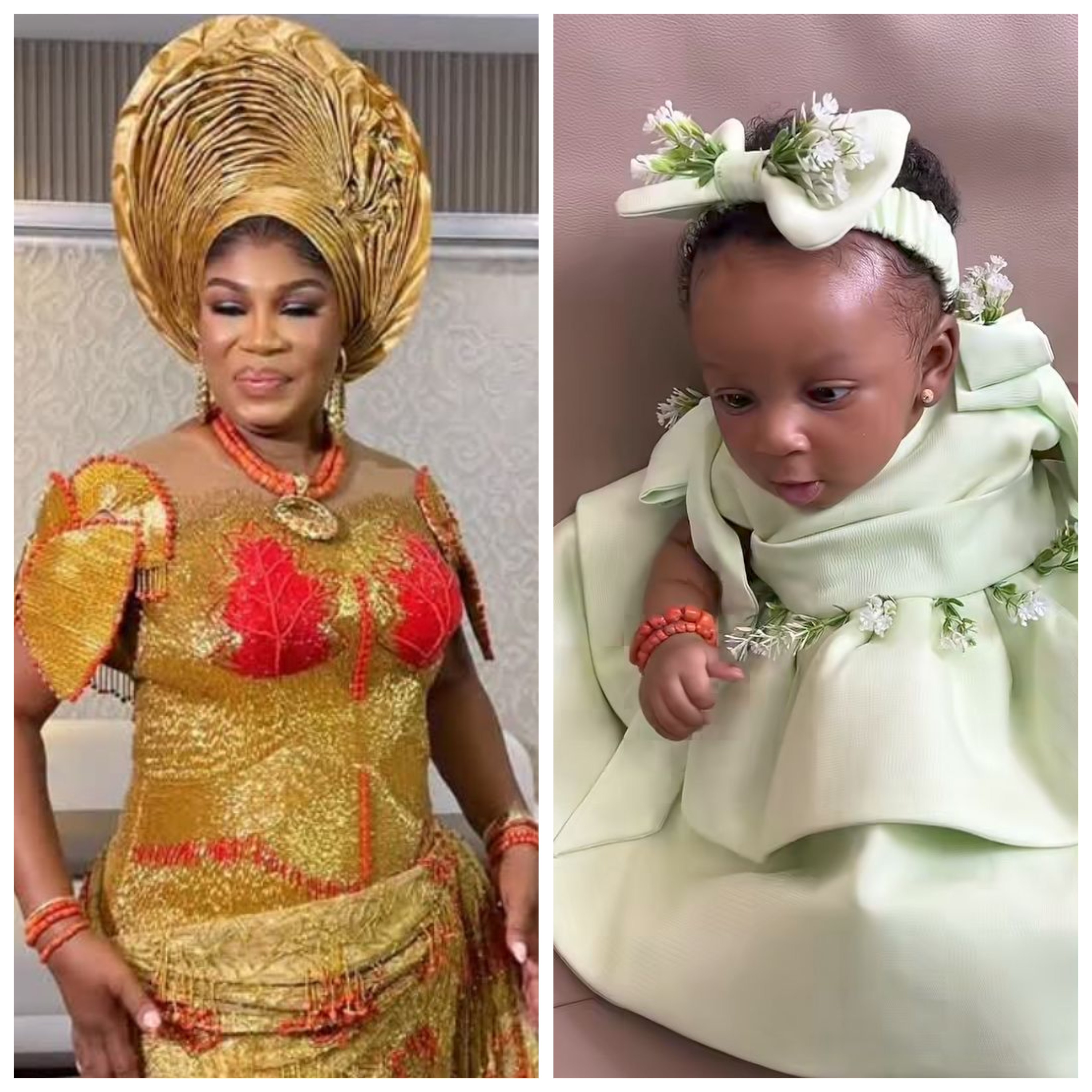Chief and Mrs. Akpodikumor Oturubo with their newborn daughter during the dedication ceremony.