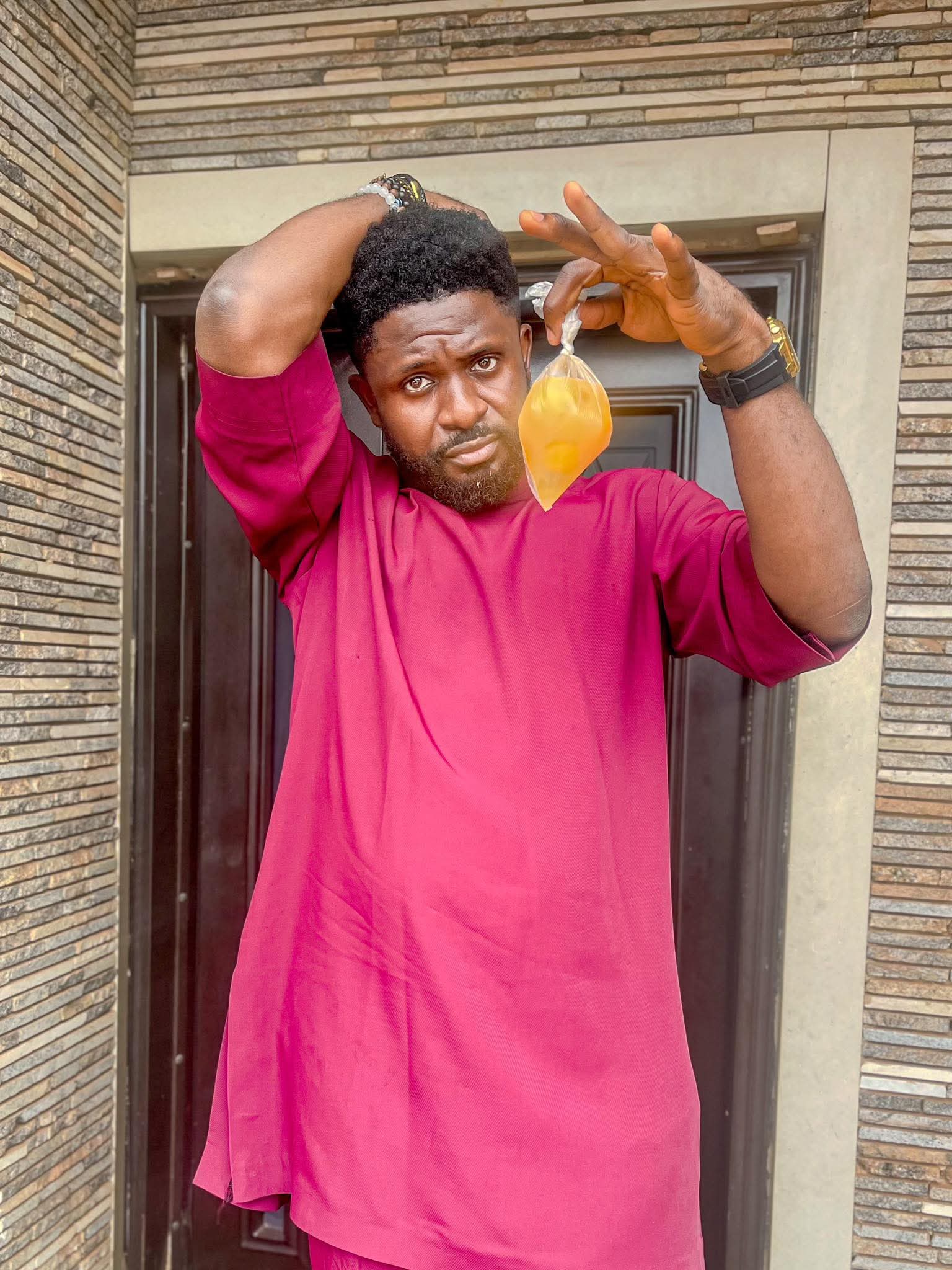 Eggs cracked open and displayed in small nylon bags for sale.