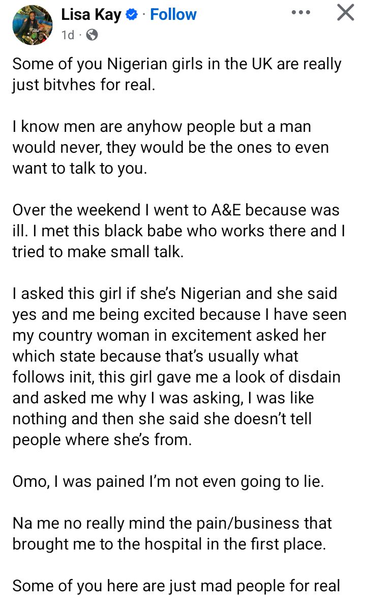 A Nigerian lady shares her experience of an encounter with a fellow Nigerian woman in the UK.