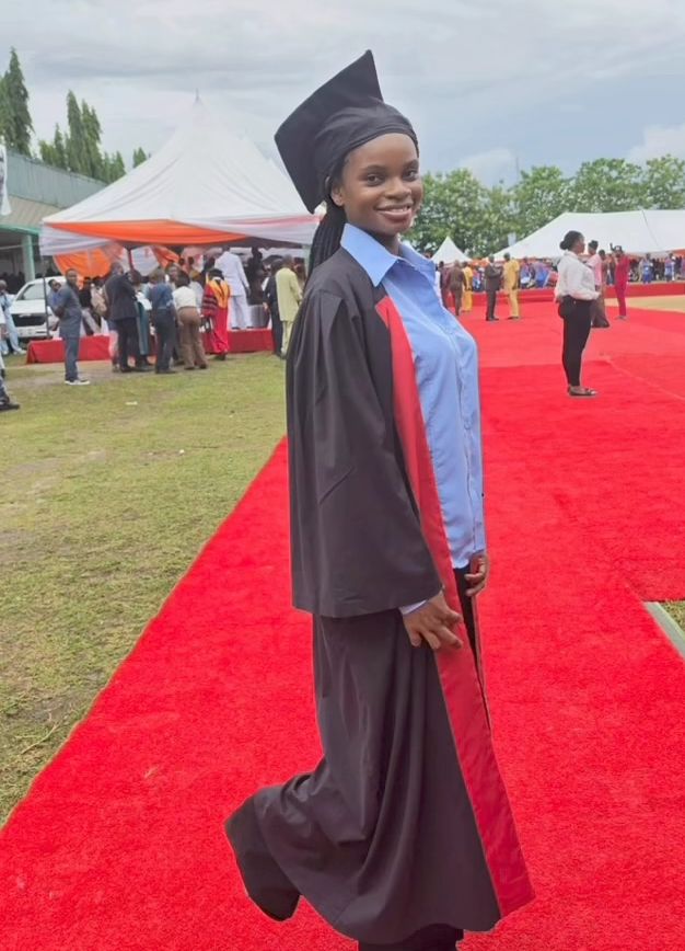 A graduation ceremony photo featuring Miriam and others.