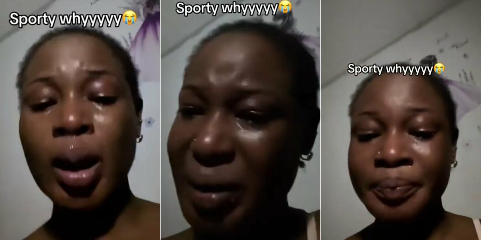 A woman crying in distress after losing her rent money to betting.