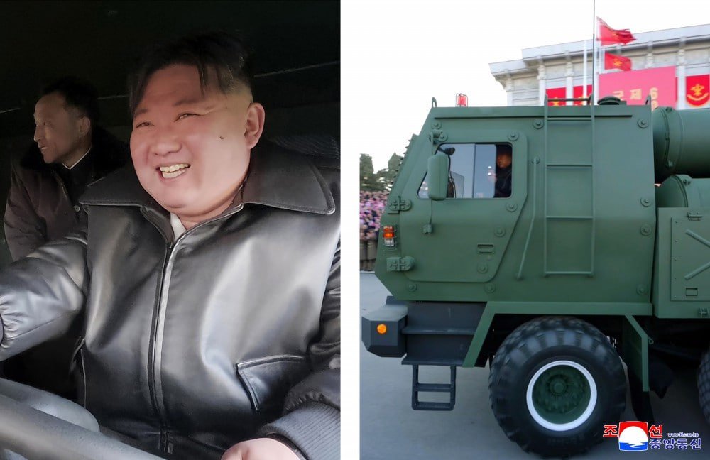 Kim Jong Un driving a mobile nuclear-capable rocket launcher during the ceremony.