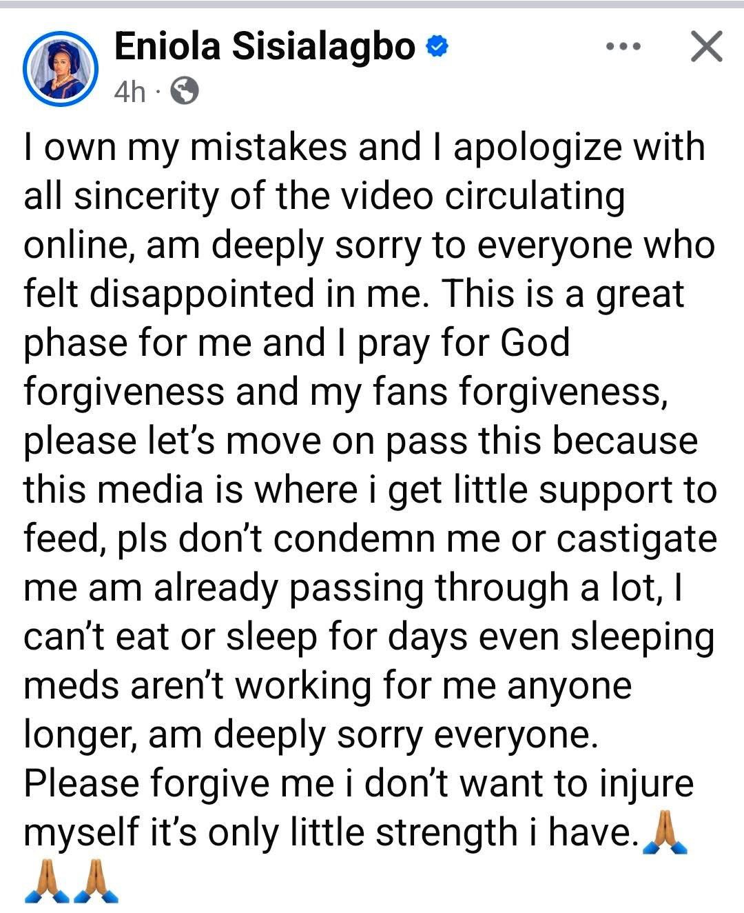 Eniola Fagbemi, also known as Sisi Alagbo, in a social media post.