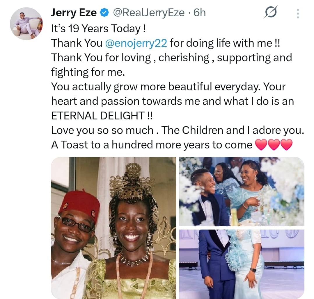 Celebrating 19 years of marriage, Jerry Eze and Eberechi Eze.