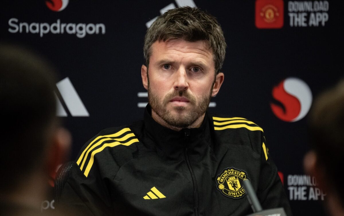 Michael Carrick, manager of Manchester United, speaking at a press conference.