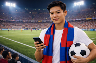 Soccer fan with scarf holding a ball and a phone.