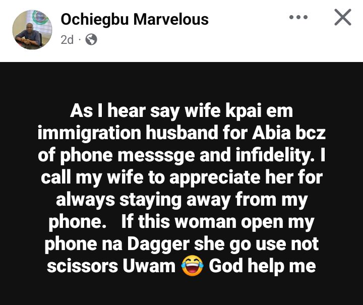A Nigerian man expresses gratitude to his wife for not checking his phone