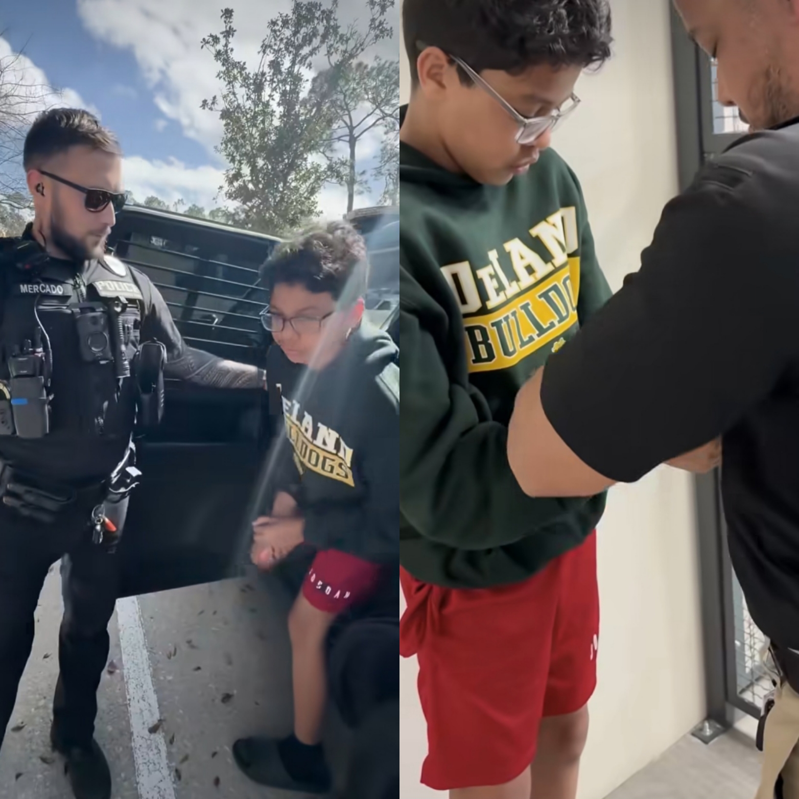 Police escorting 11-year-old Anthony Steward, who was arrested for threatening school violence.