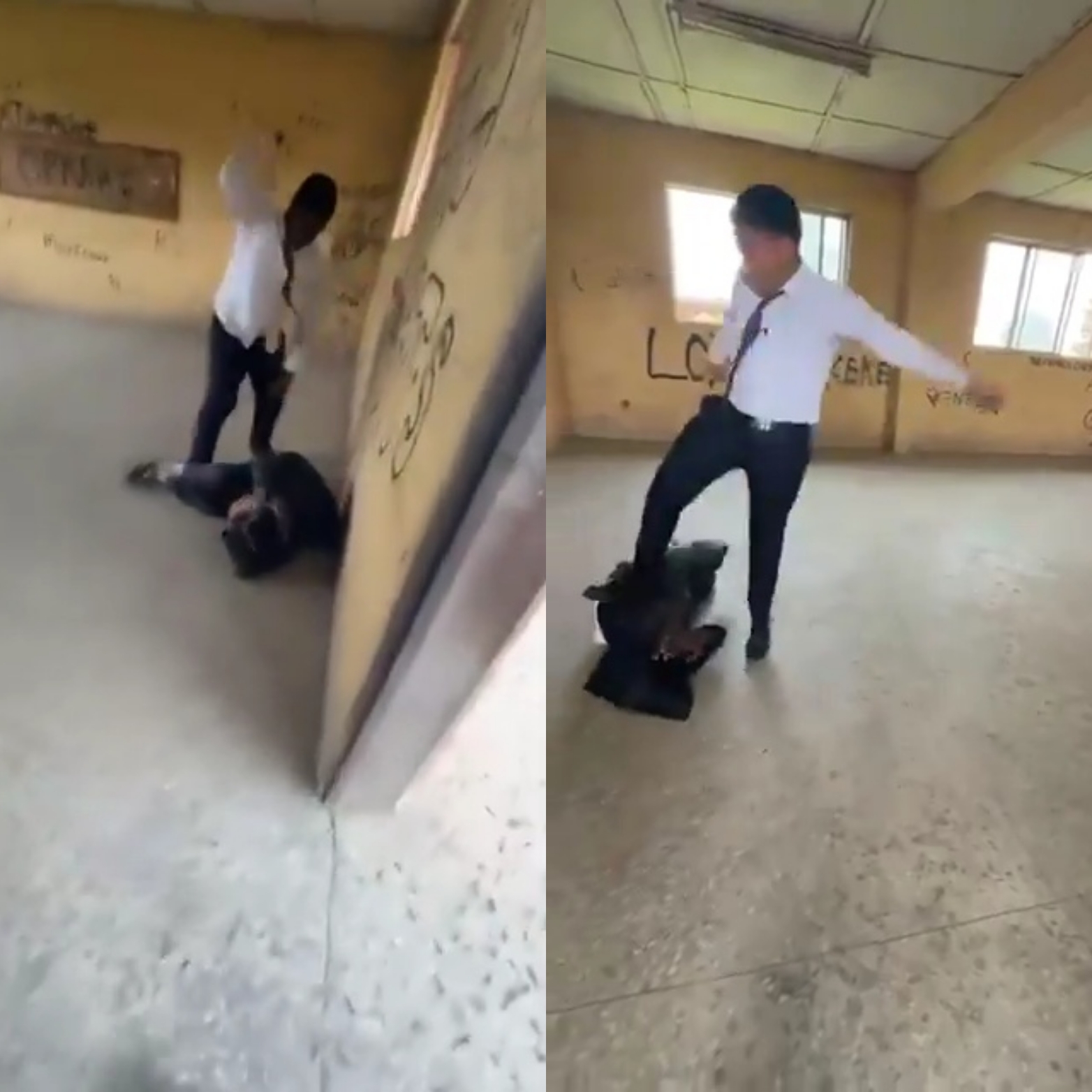 A still from a video showing a junior student being assaulted by senior students.