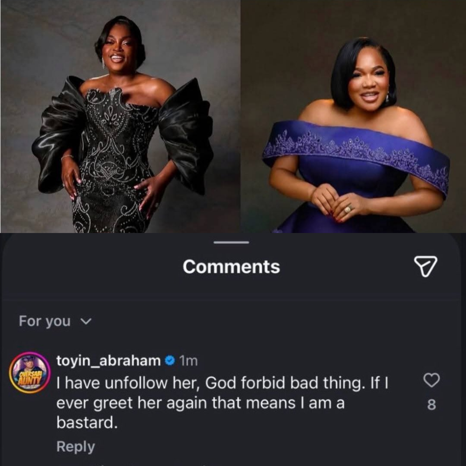 Screenshot of Toyin Abraham's post about Funke Akindele