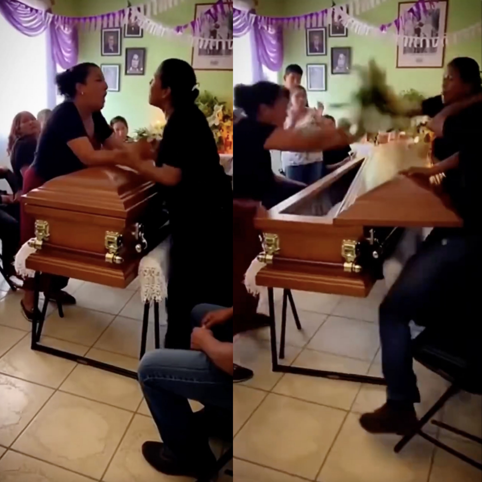 Two women in a confrontation at a funeral.