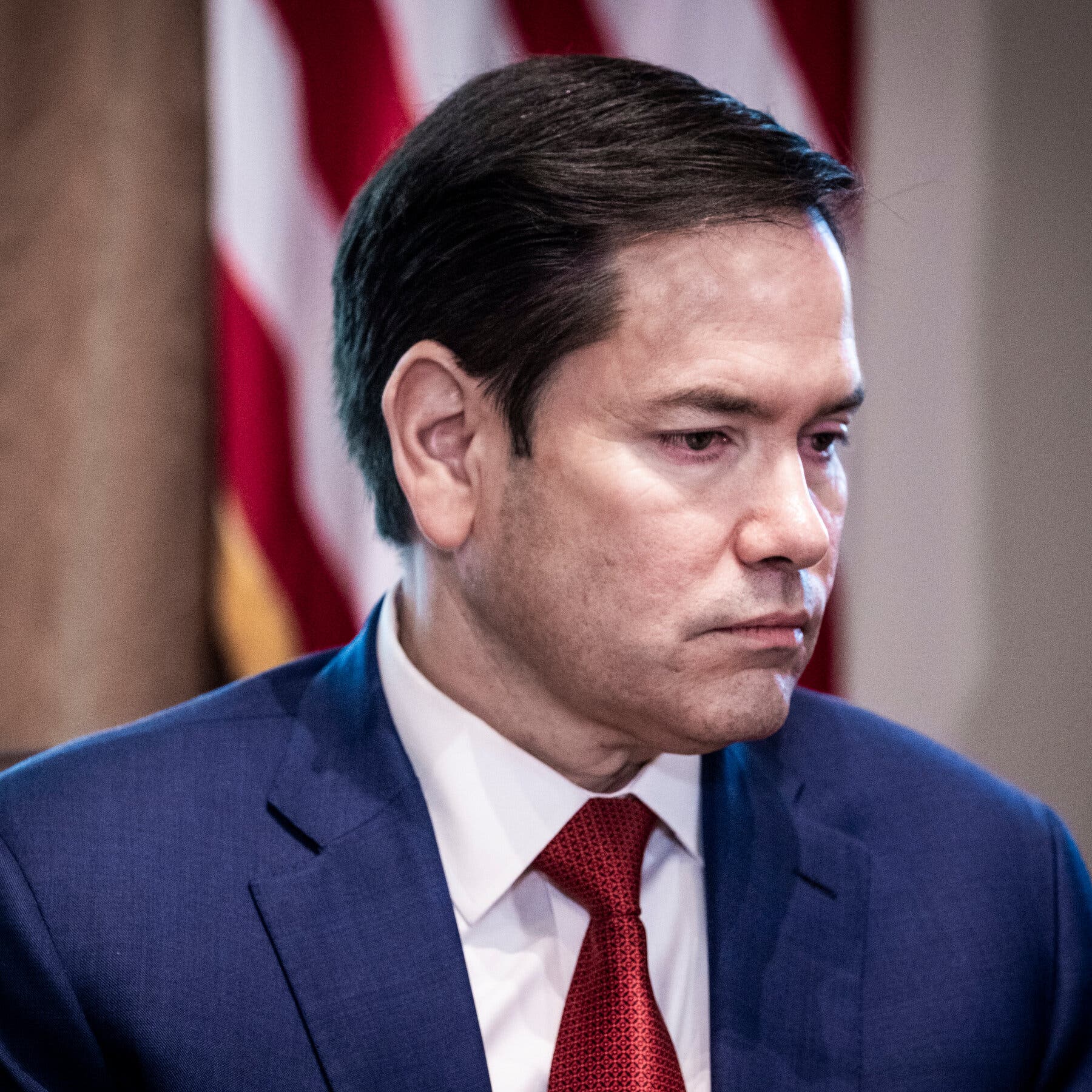 US Secretary of State Marco Rubio addressing issues regarding the Ukraine crisis during a press briefing.