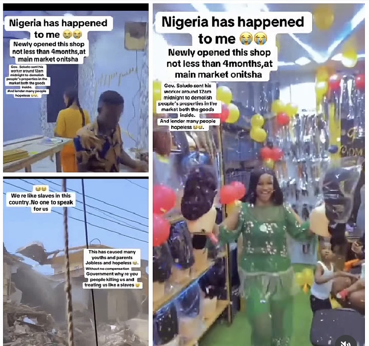 Emotional scene of the lady outside her demolished shop in Onitsha