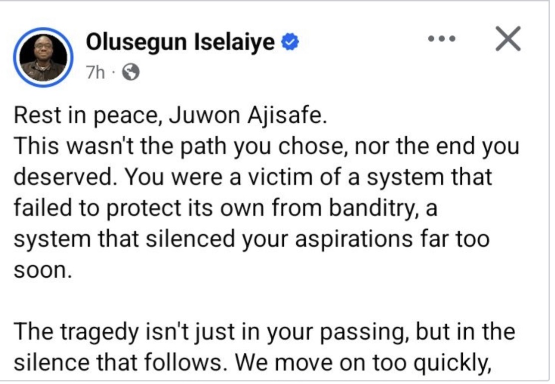 Man mourning the loss of Juwon Ajisafe due to banditry