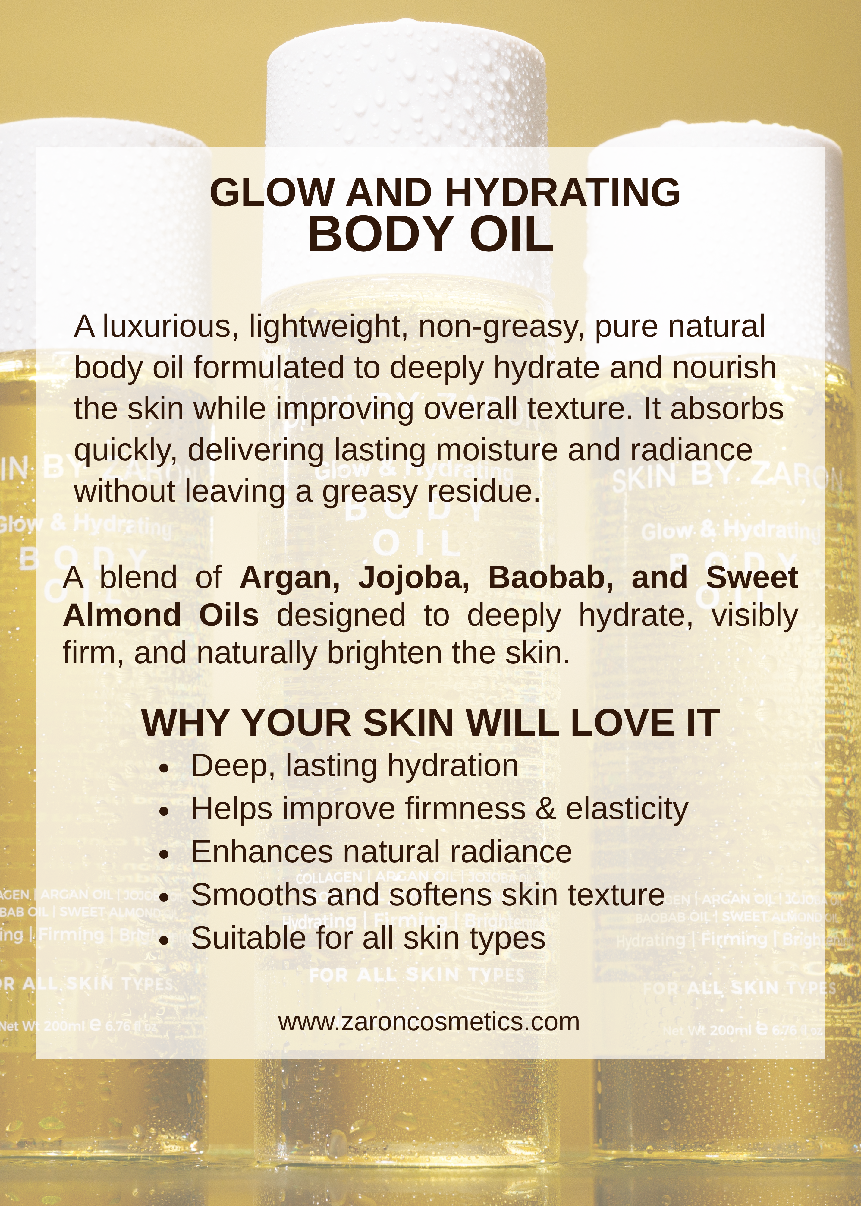 Close-up of SkinByZaron Glow & Hydrating Body Oil bottle