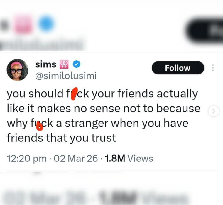 User's tweet suggesting intimacy with friends instead of strangers