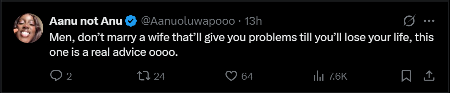 User on X mourning his brother, linking his death to marital troubles