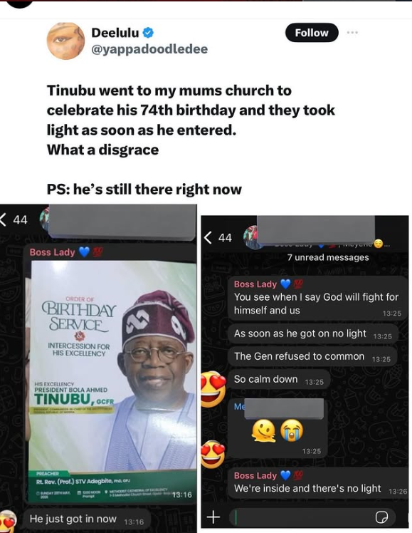 A social media post alleging a power outage during President Tinubu's birthday celebration at church