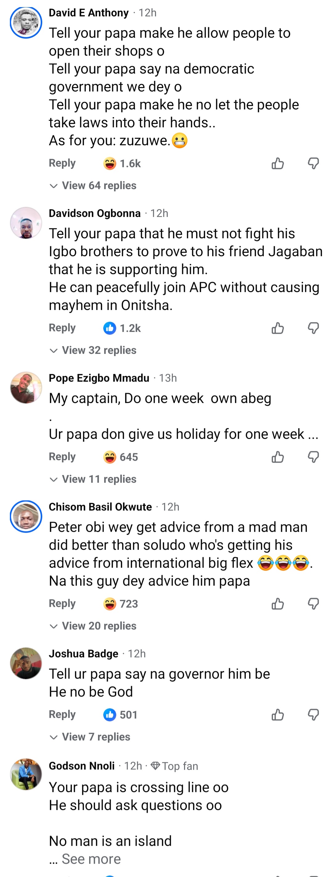 Screenshot showing more details of Ozonna Soludo's Facebook reactions.