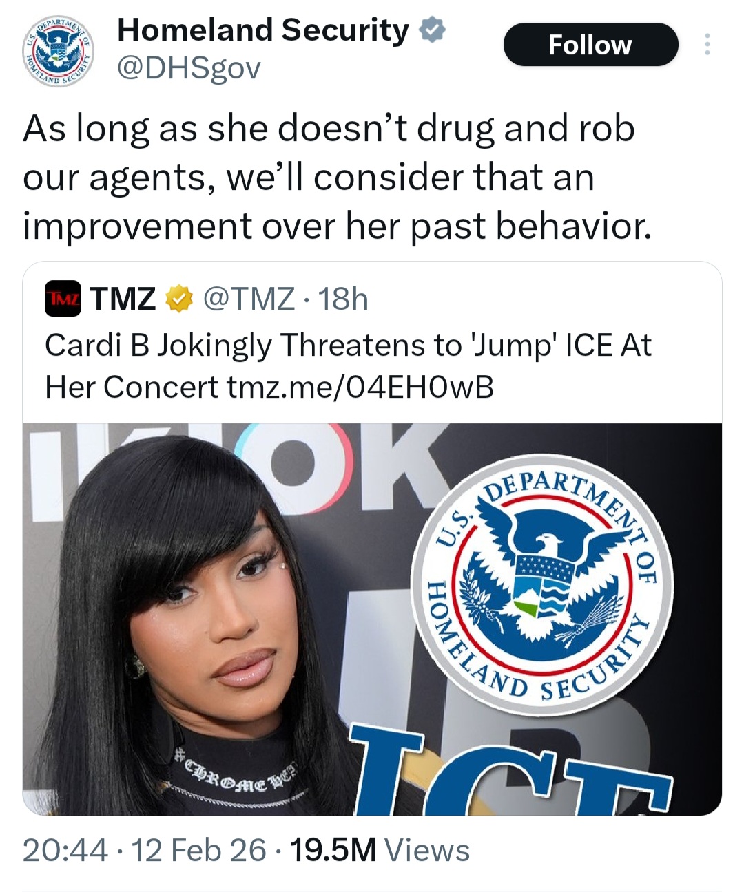 Homeland Security's response to Cardi B's remarks on X.