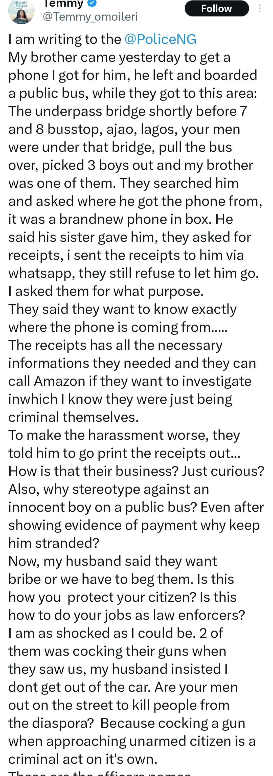 Screenshot of the woman's post detailing her brother's police encounter.