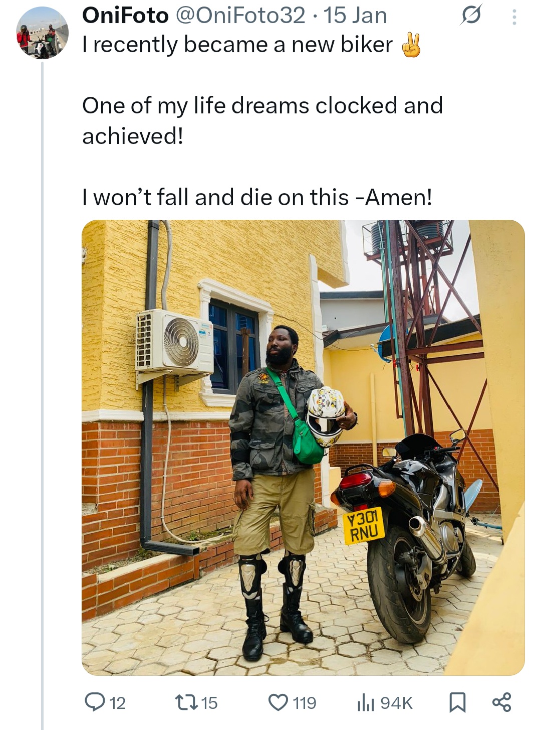 Kola Onifoto's Facebook post about becoming a biker