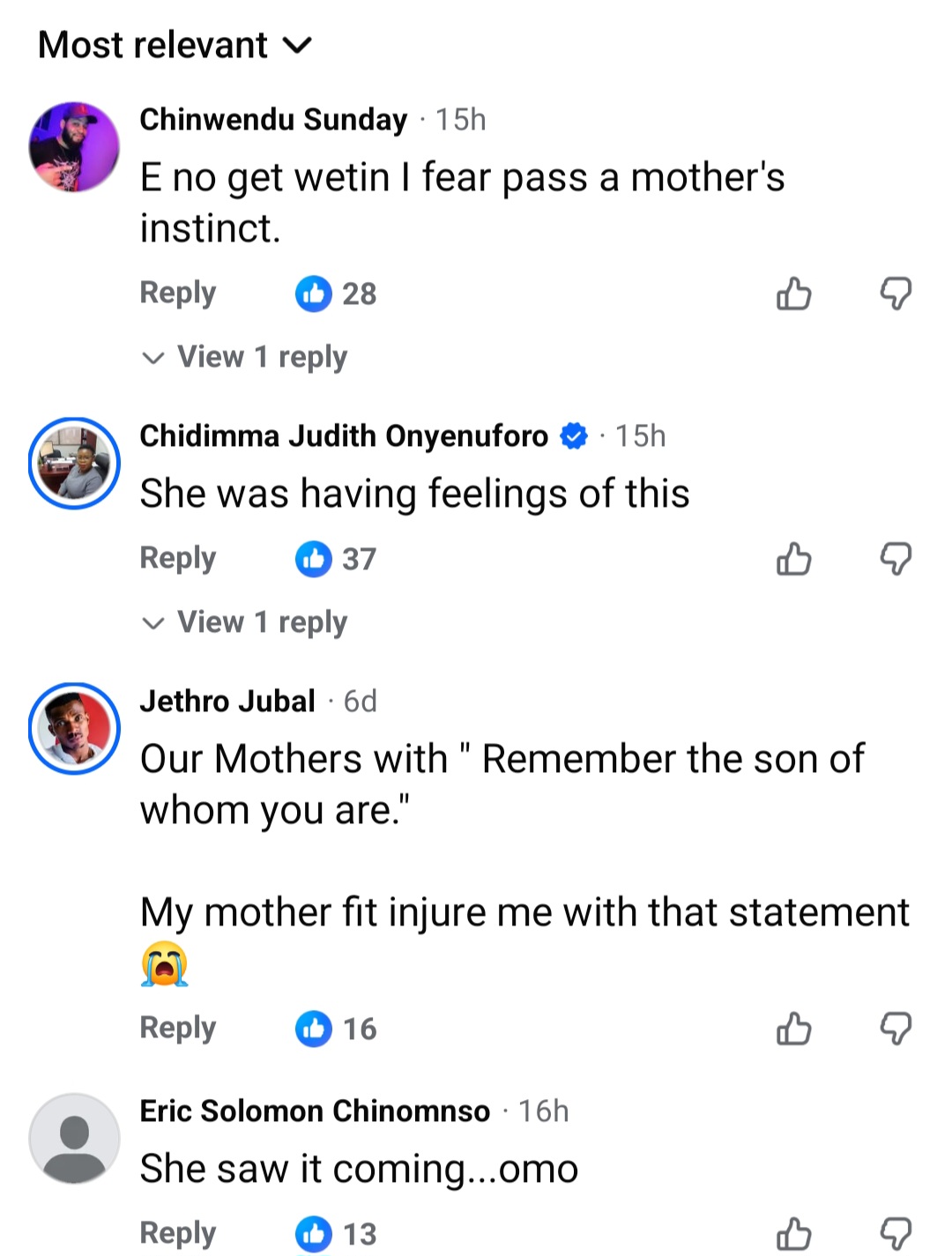 Friends' comments reacting to Kola's mother's premonitions
