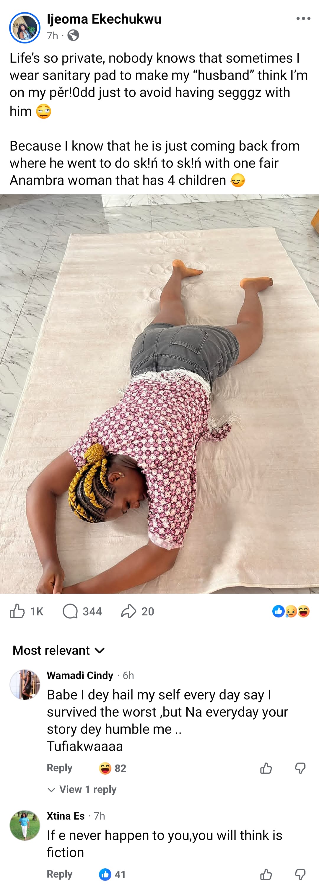 Screenshot of a Facebook post where the woman discusses her experiences.