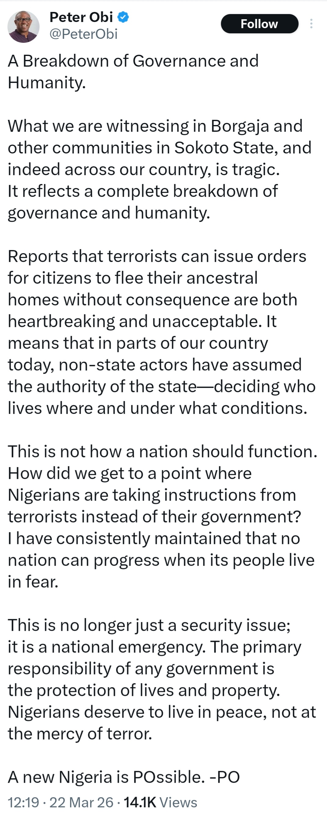 Screenshot of Peter Obi's statement on social media