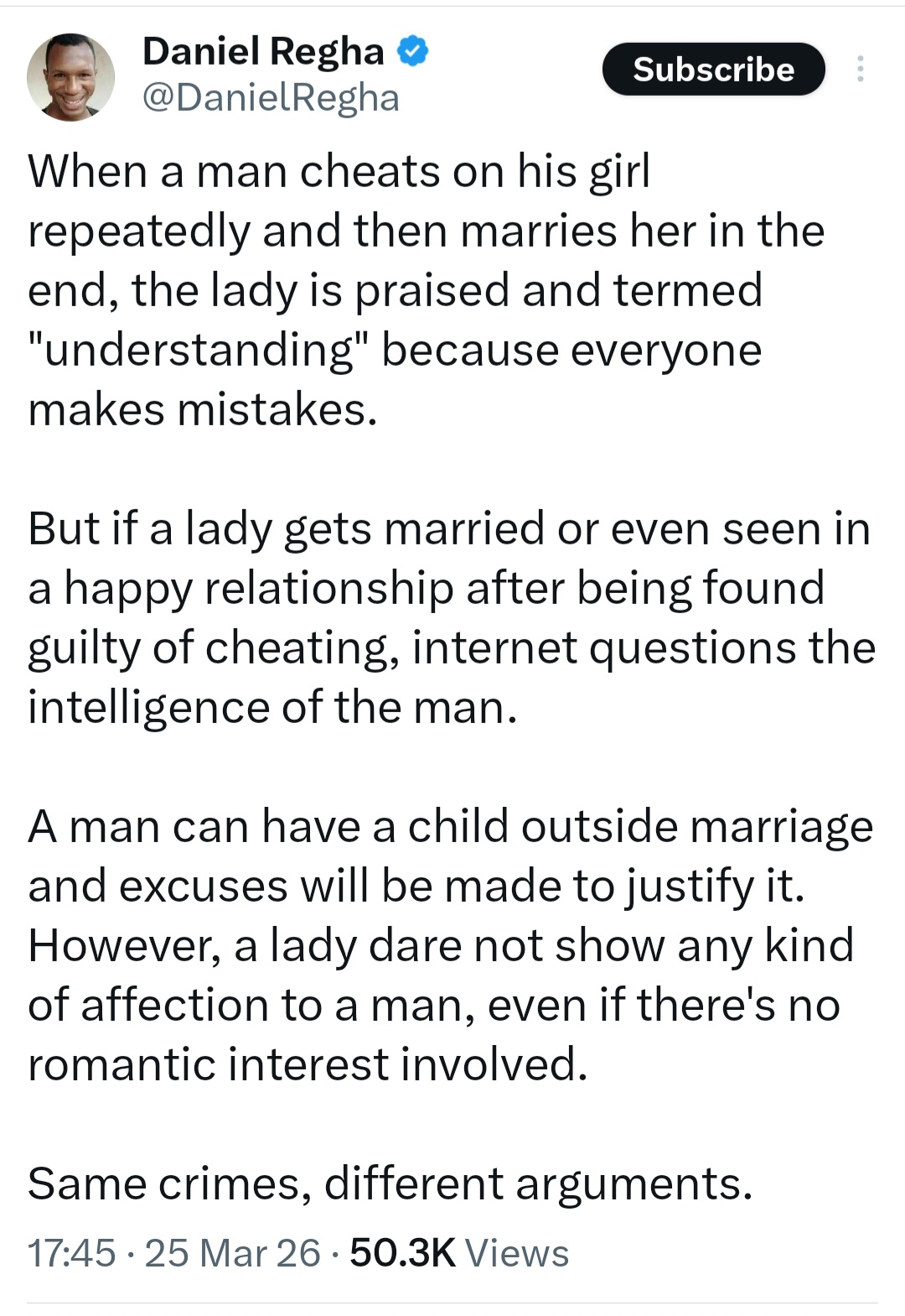 Daniel Regha's statement on gender judgment shared on social media.