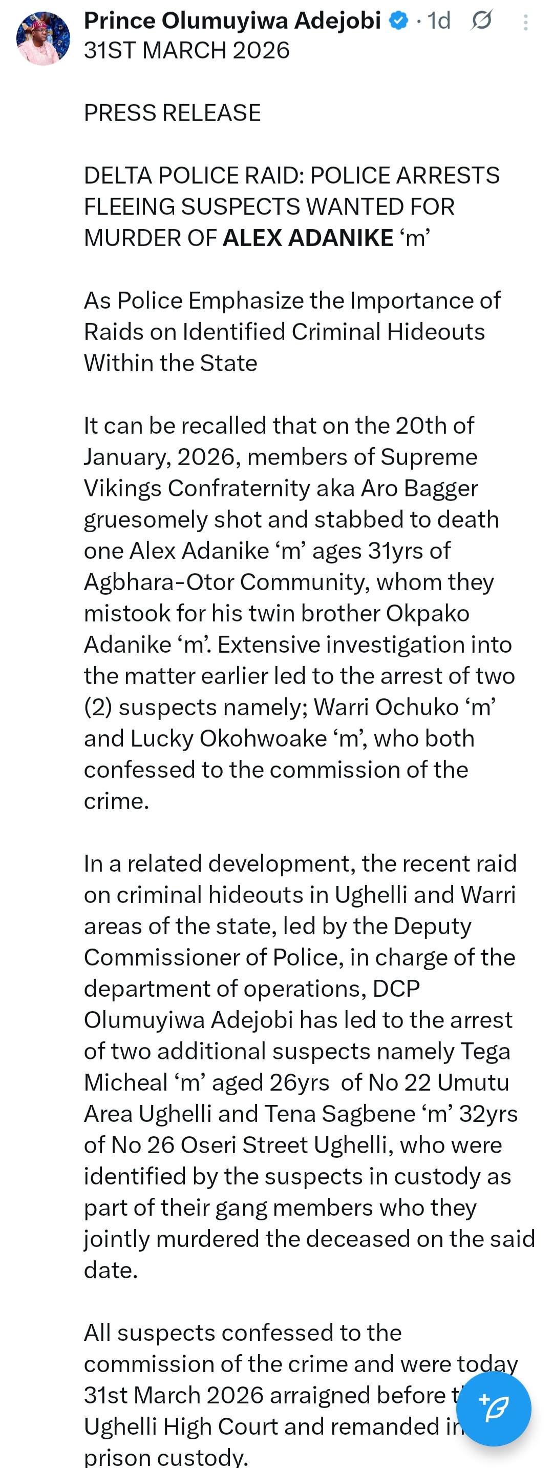 Screenshot potentially showing police statement or evidence related to the arrests.