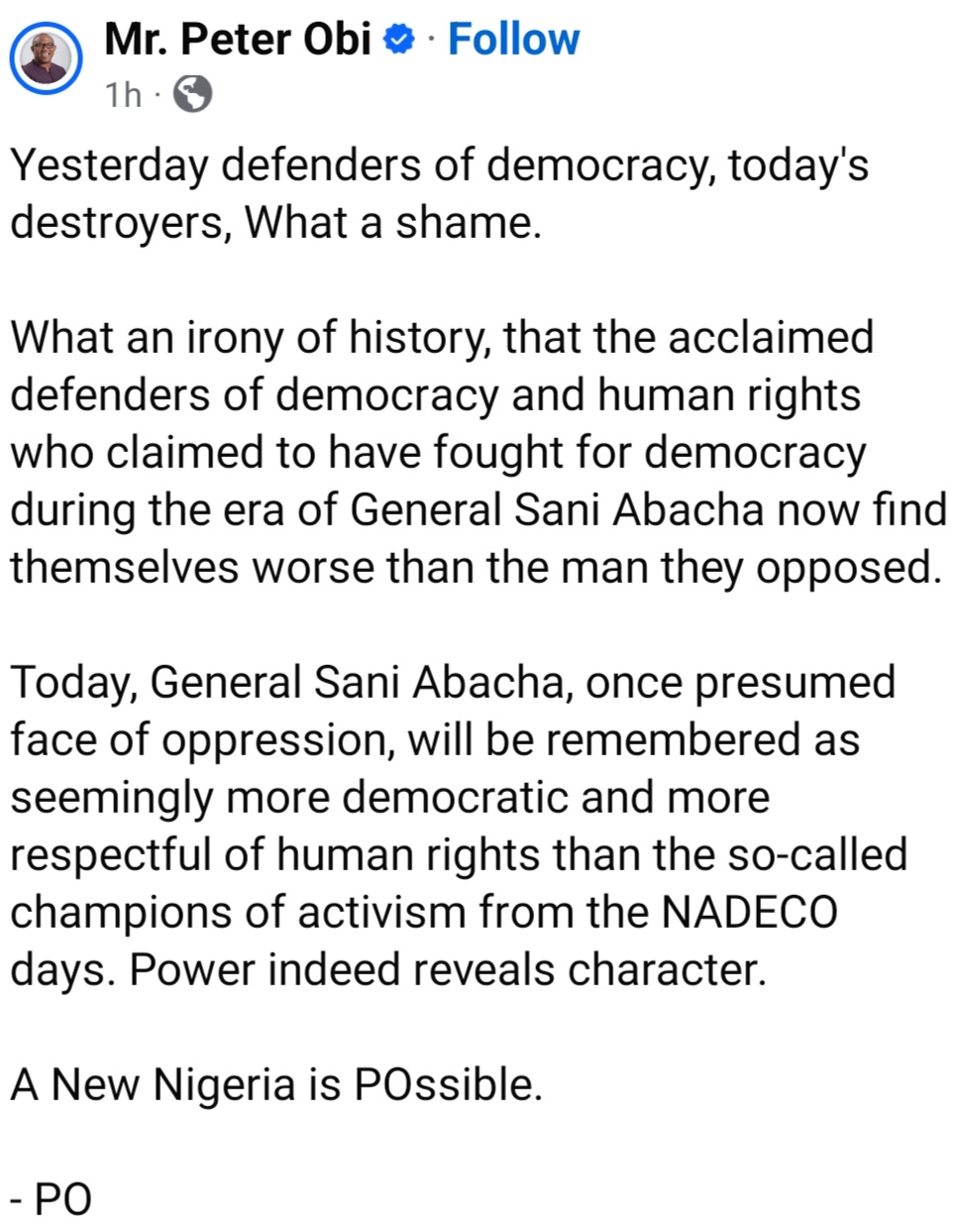 Screenshot of Peter Obi's social media post
