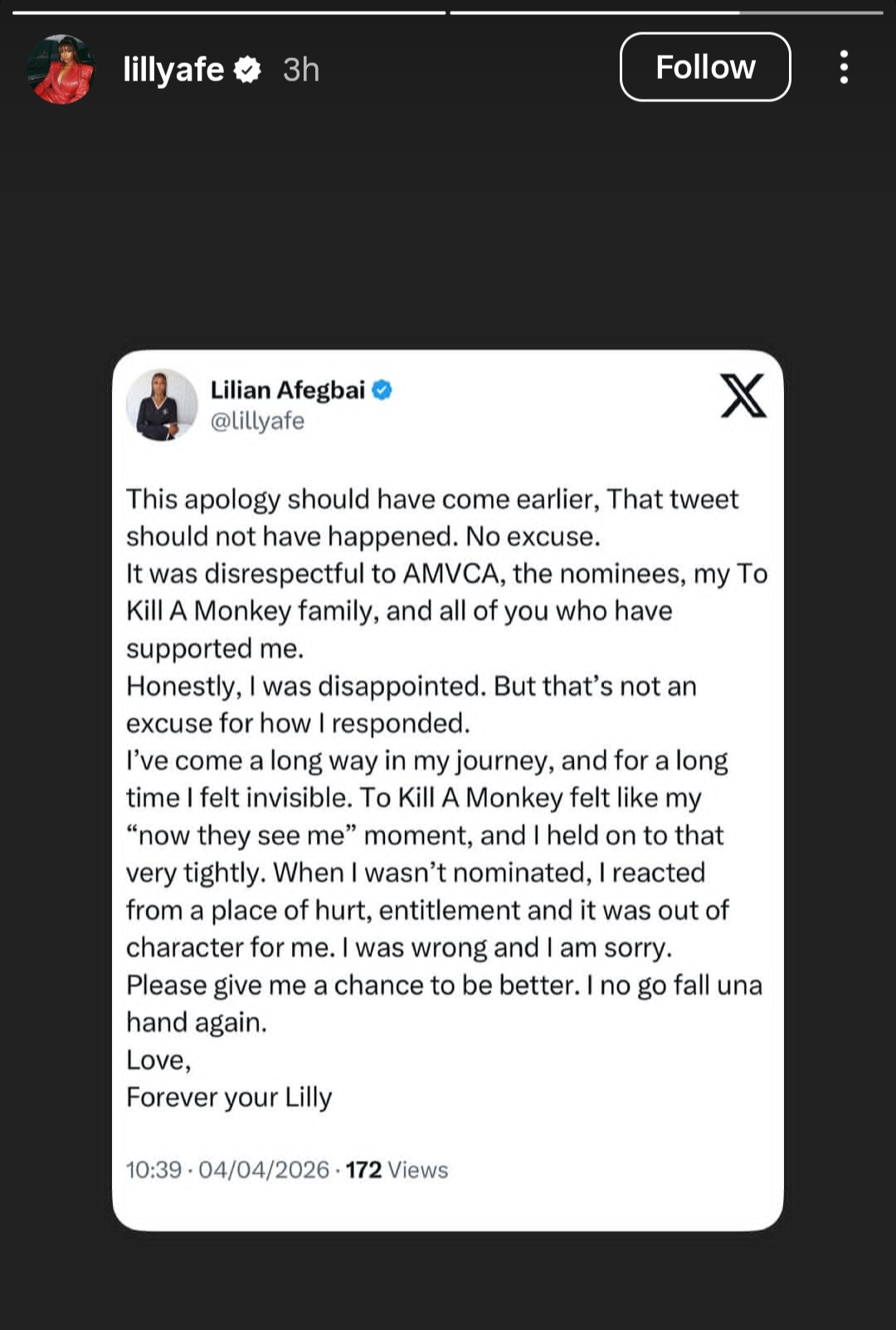 Screenshot of Lilian Afegbai's social media post.