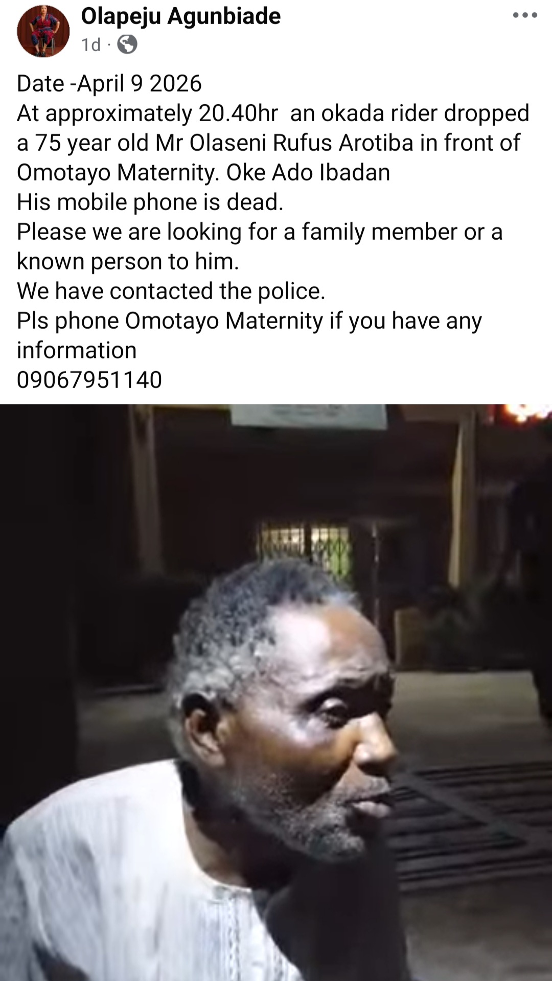 Screenshot of Facebook post detailing the man's situation