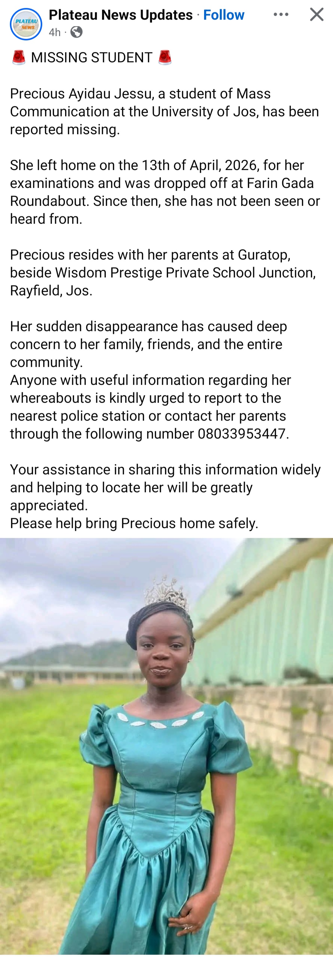 Screenshot of a Facebook post concerning the missing student
