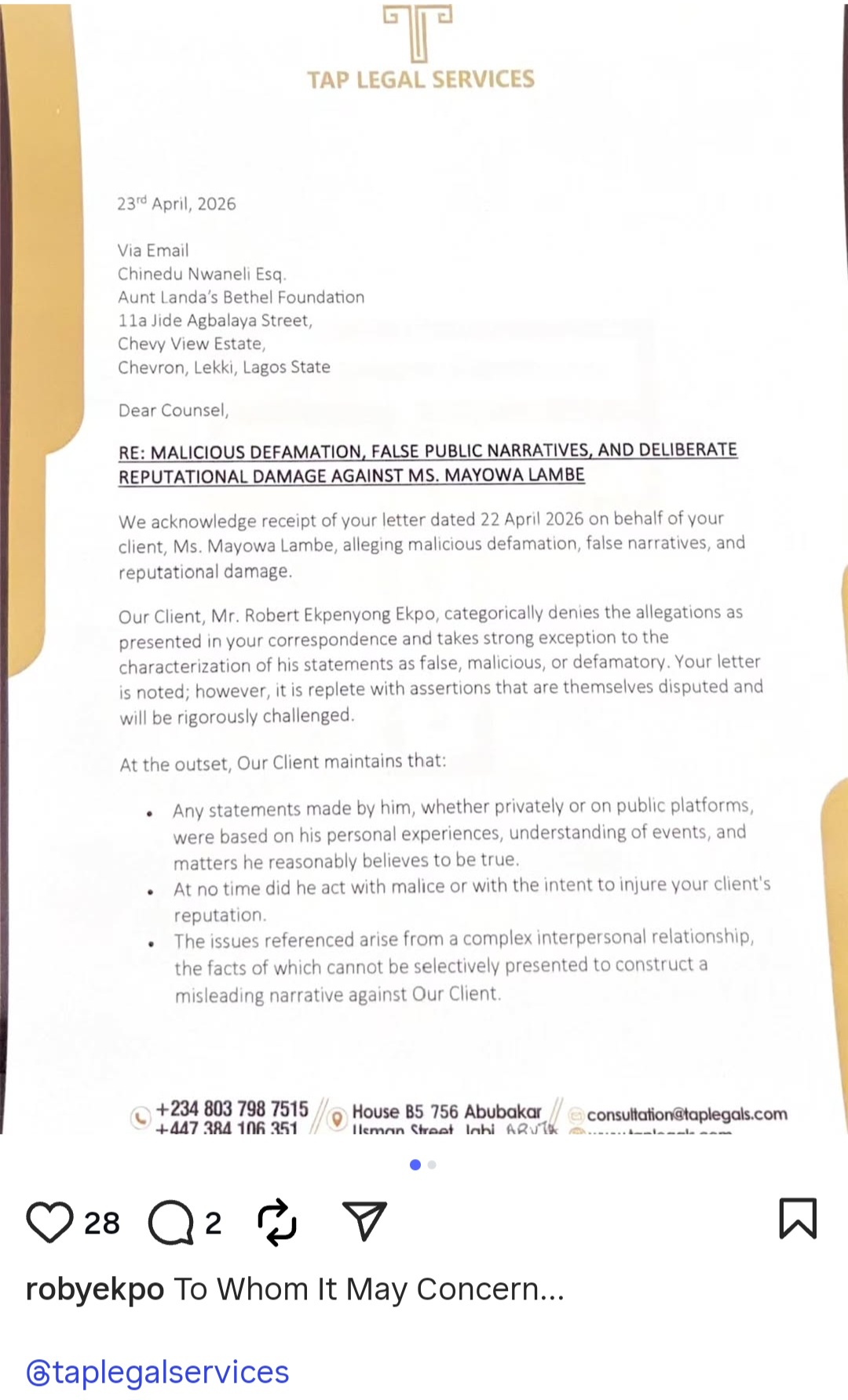 Screenshot of Roby Ekpo's response on social media