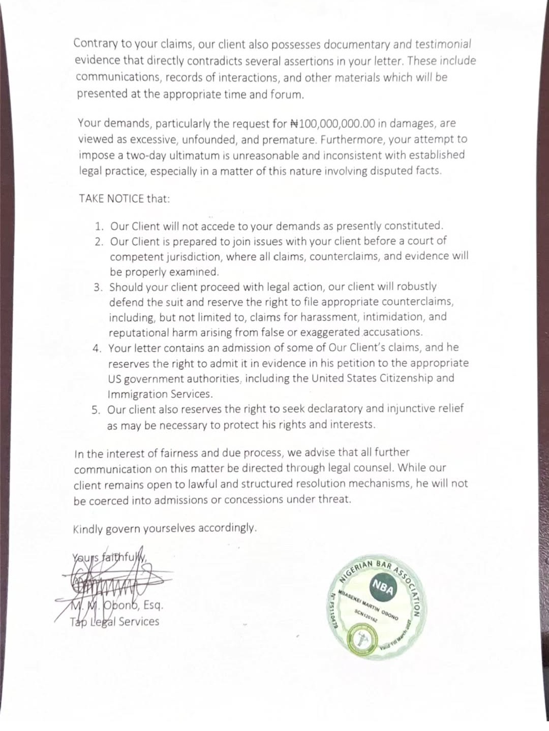 Screenshot of Roby Ekpo's response on social media