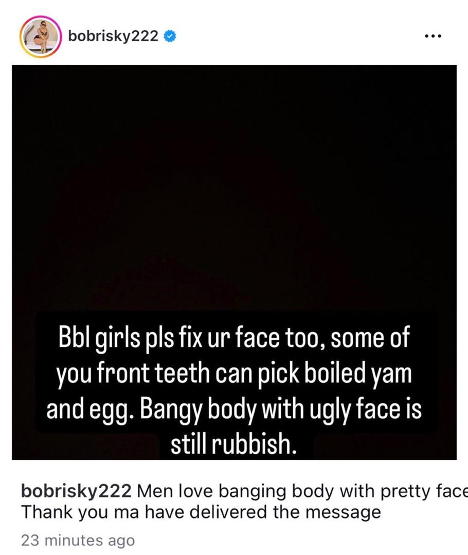 A screenshot of Bobrisky's advice regarding BBL surgery.
